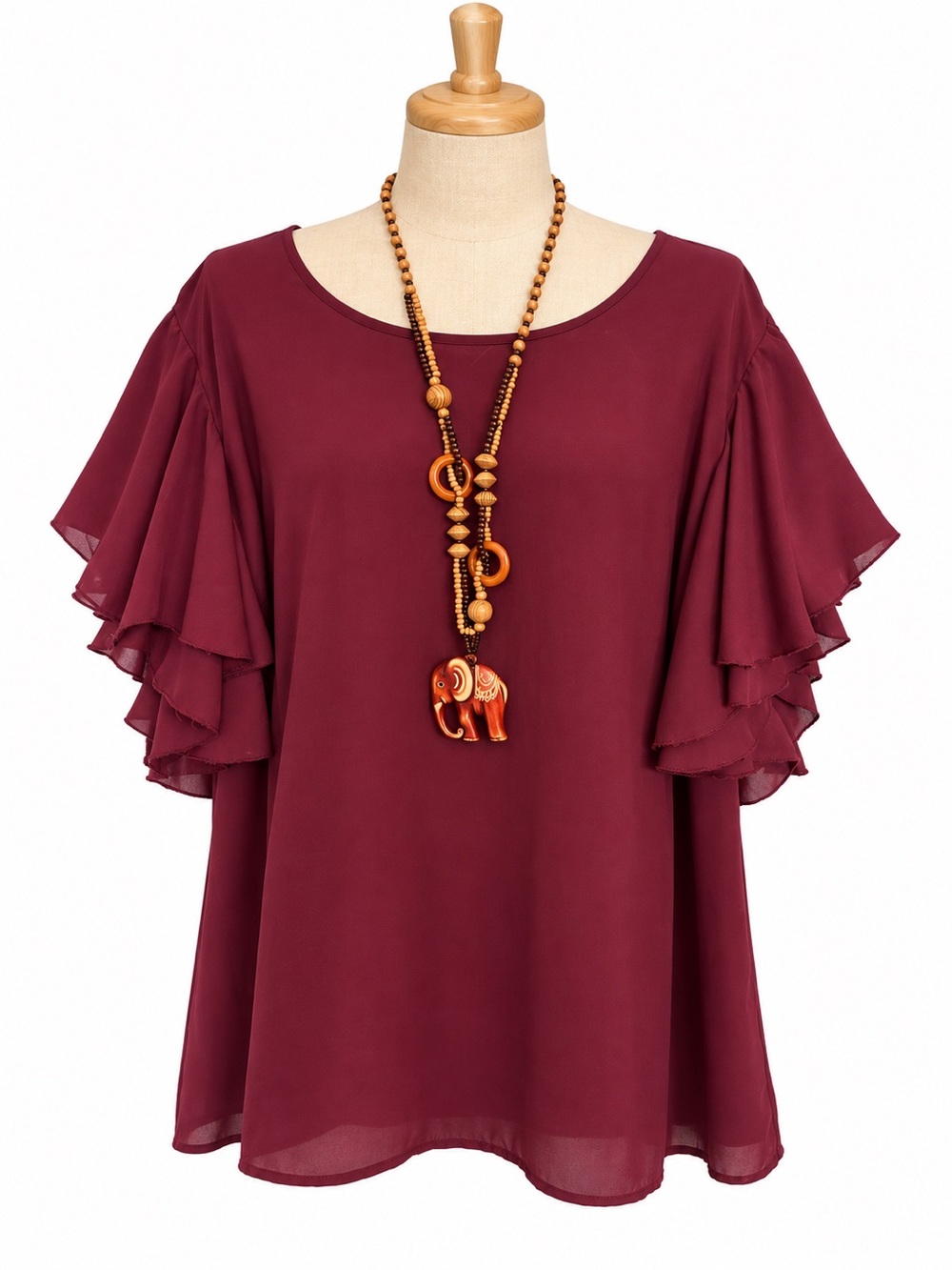 Women’s Ruffled Flutter Sleeve Top - Burgundy 3XL